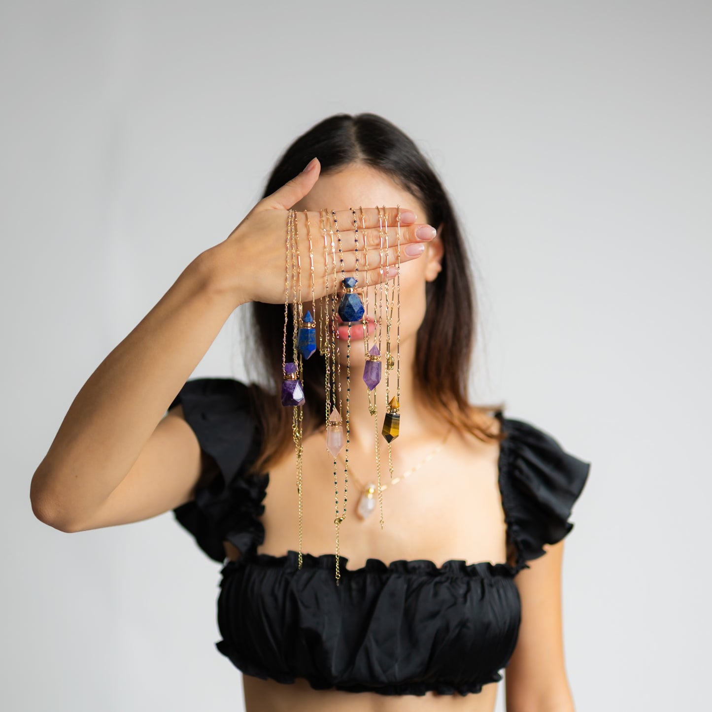 Perfume bottle necklace - rose quartz (pointed)