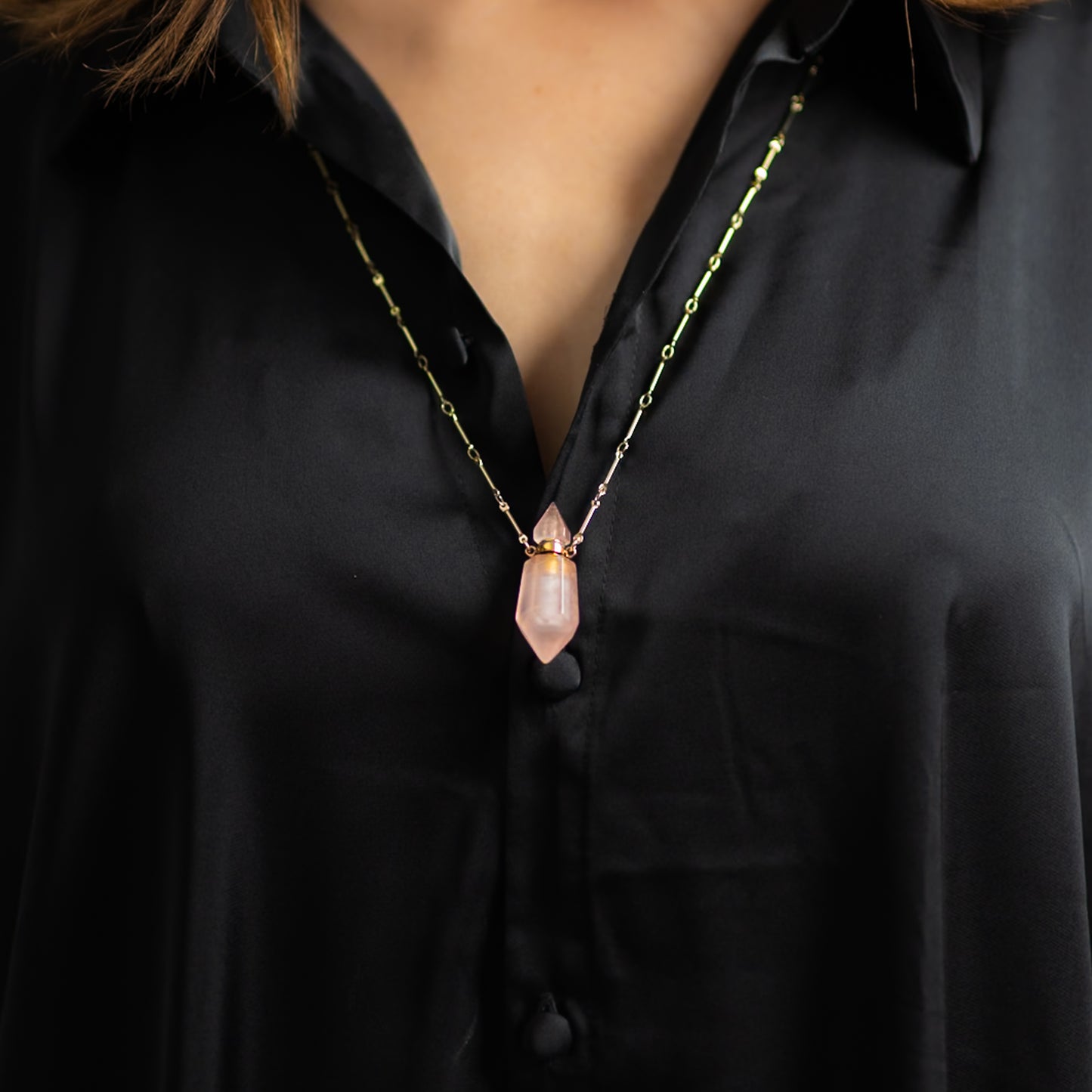 Perfume bottle necklace - rose quartz (pointed)