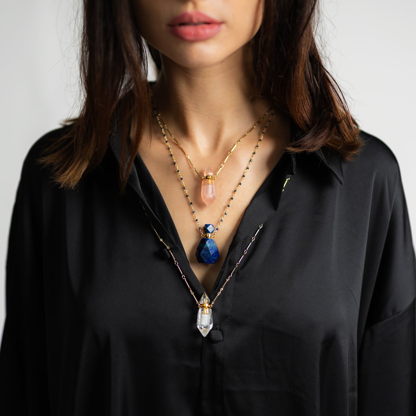 Perfume bottle necklace - rose quartz (pointed)