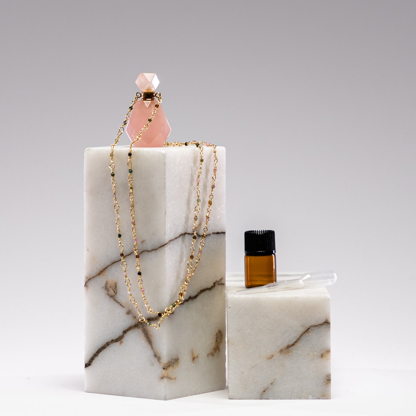 Perfume bottle necklace - rose quartz (rounded)