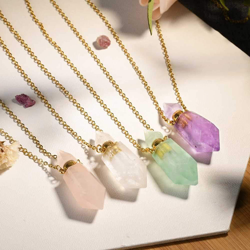 Perfume bottle necklace - rose quartz (pointed)