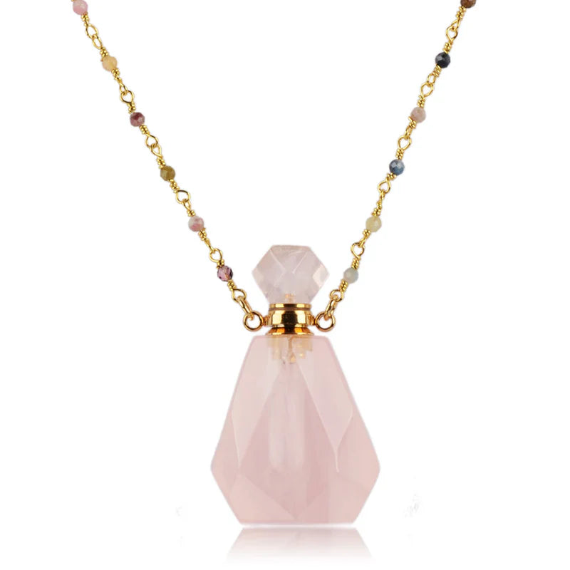 Perfume bottle necklace - rose quartz (rounded)